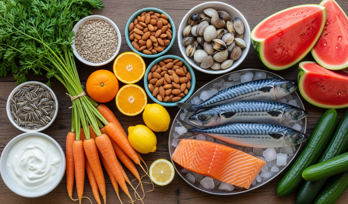 Các loại thực phẩm giàu vitamin A, C, kẽm... giúp da khỏe đẹp. Ảnh tạo bằng AI