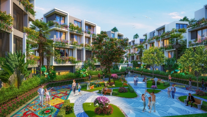 Phối cảnh không gian chung được phủ xanh bởi cây cối tại dự án Flamingo Golden Hill.