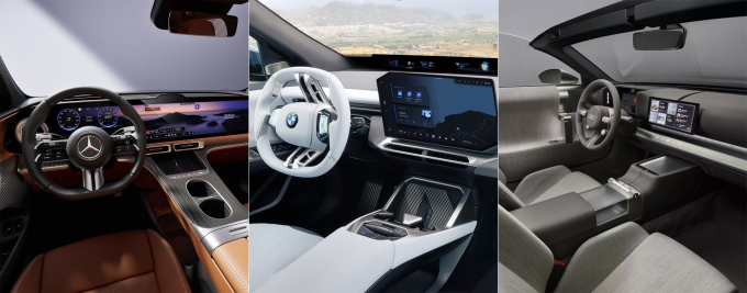 Từ trái sang là nội thất của Mercedes GLC EV, BMW iX3, và Audi Concept C.