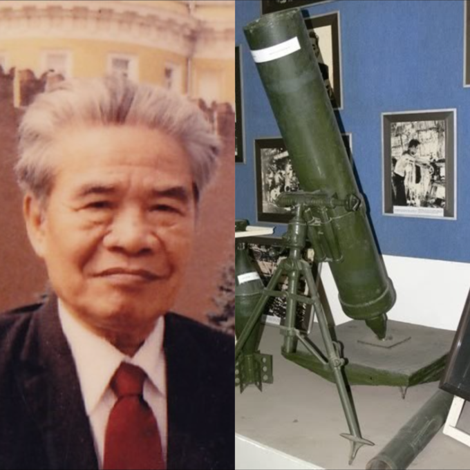 GS. Tạ Quang Bửu và một vũ khí do ông chế tạo, phát triển. Ảnh: MST