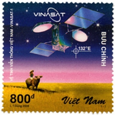 Mẫu tem vẽ hình ảnh VINASAT-1, phát hành cùng năm vệ tinh được đưa lên vũ trụ. Ảnh: Tư liệu BĐVN