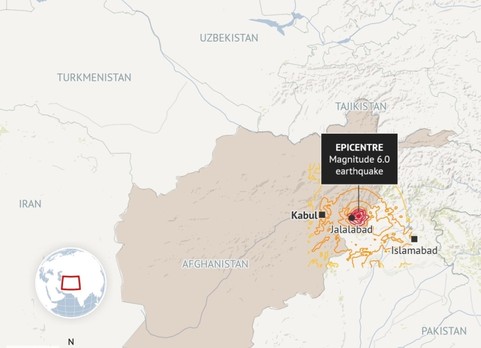 Vị trí tâm chấn trận động đất ở Afghanistan tối 31/8. Đồ họa: SMH