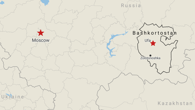 Vị trí thành phố Ufa ở vùng Bashkortostan, miền trung Nga. Đồ họa: Moscow Times