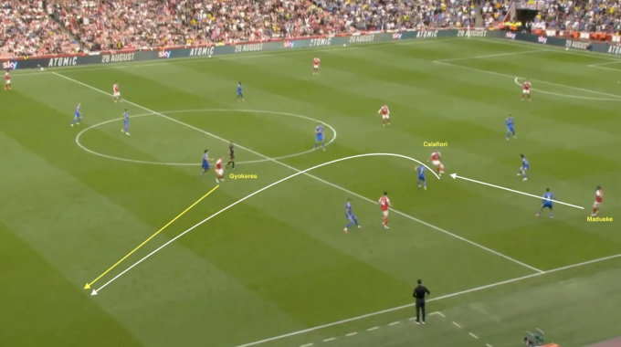 Riccardo Calafiori chuyền dài một chạm để Viktor Gyokeres bứt tốc ghi bàn trong trận Arsenal thắng Leeds 5-0 ở vòng hai Ngoại hạng Anh. Ảnh: Premier League