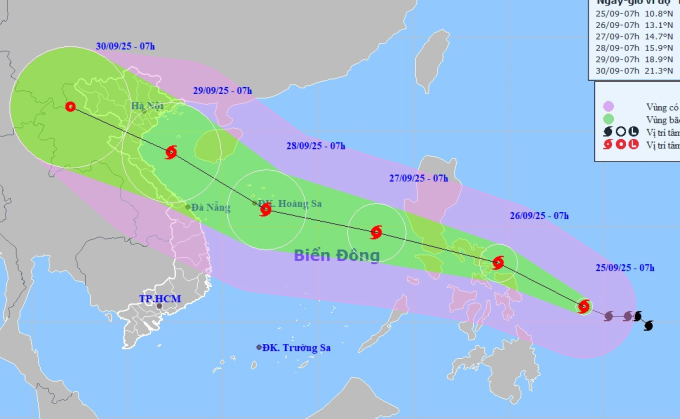 Dự báo hướng đi và khu vực ảnh hưởng của bão Bualoi lúc 7h ngày 25/9. Ảnh: NCHMF