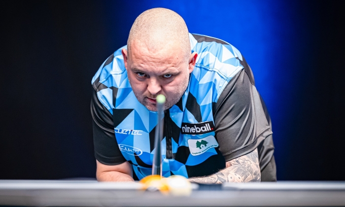 Melling trong ngày thi thứ hai của pool Ngoại hạng 2023 tại Leicester, Anh. Ảnh: Matchroom