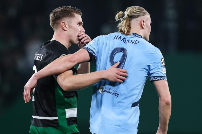 Viktor Gyokeres (trái) và Erling Haaland trò chuyện trong trận Sporting thắng Man City ở Champions League mùa 2024-2025. Ảnh: Marca