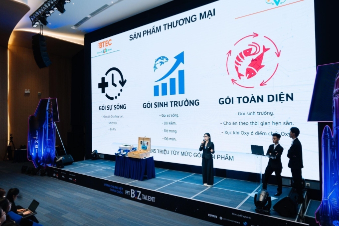 Thí sinh từ trường Cao đẳng Anh Quốc BTEC FPT TP HCM trình bày dự án khởi nghiệp hoàn chỉnh tại vòng chung kết FPT Biz Talent 2025. Ảnh: FPTU