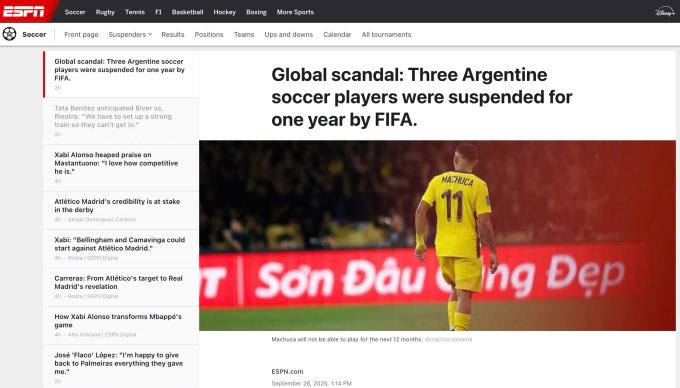 ESPN Argentina coi đây là bê bối toàn cầu. Ảnh: chụp màn hình