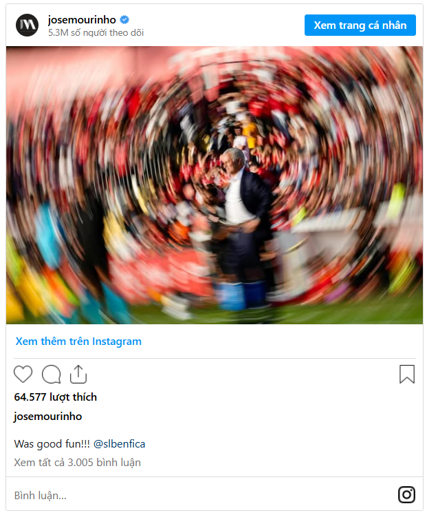 Bài đăng của HLV Jose Mourinho trên Instagram.