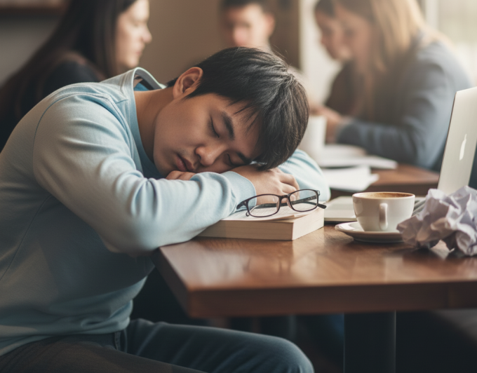 Ngủ gục trên bàn có khả năng gây áp lực kéo dài lên dây thần kinh quay ở cánh tay trên. Ảnh: AI