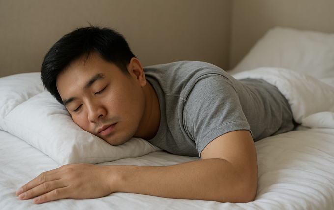 Ngủ nằm sấp kéo dài có thể ảnh hưởng xấu đến cột sống. Ảnh: AI