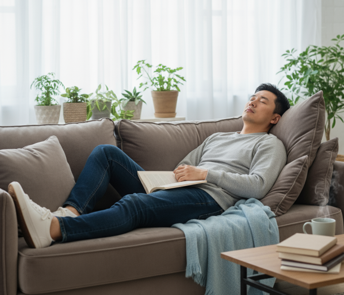 Tư thế nửa nằm nửa ngồi khi làm tăng áp lực lên cột sống, gây đau vai, lưng dưới. Ảnh: AI