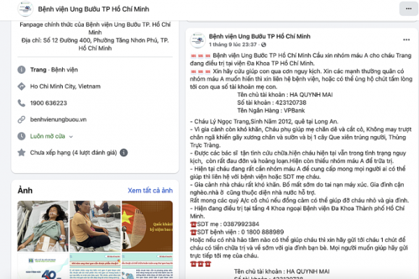 Cảnh báo: Fanpage giả mạo Bệnh viện Ung bướu TP HCM kêu gọi quyên tiền!