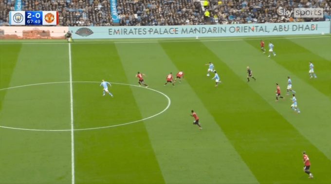 Bốn cầu thủ Man Utd (đỏ) bỏ quên Haaland ở phút 68 trên sân Etihad, để tiền đạo Na Uy thoát xuống ghi bàn nâng tỷ số lên 3-0. Ảnh: Sky
