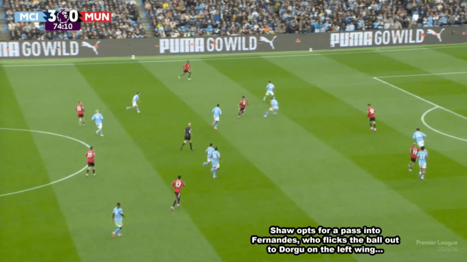 Tình huống Sesko tìm được khoảng trống giữa hai trung vệ Man City, nhưng không nhận được đường chuyền từ Luke Shaw. Ảnh: Athletic