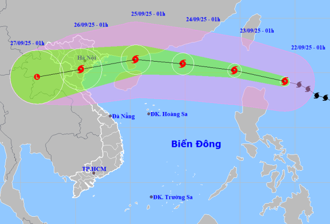 Dự báo hướng đi và khu vực ảnh hưởng của siêu bão Ragasa ngày 22/9. Ảnh: NCHMF