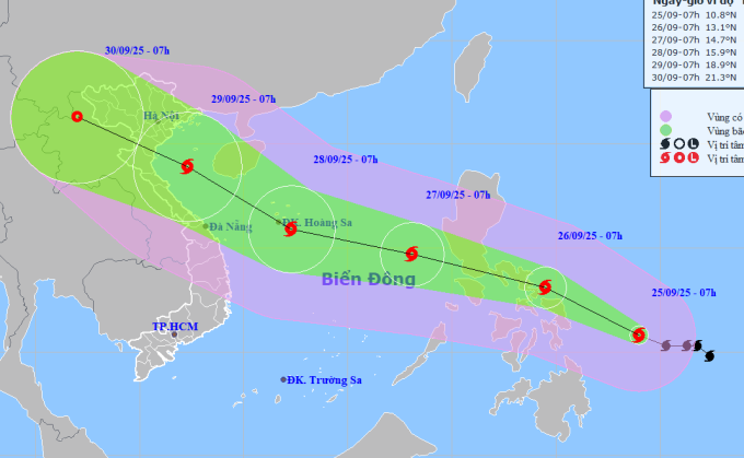 Dự báo hướng đi của bão Bualoi, sáng 25/9. Ảnh: NCHMF