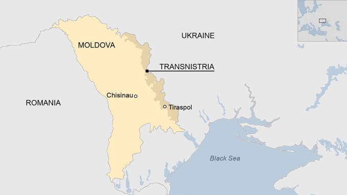 Vị trí vùng ly khai Transnistria, Moldova, Ukraine và Romania. Đồ họa: BBC