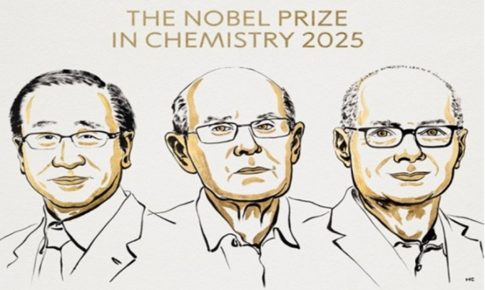 [Caption]Ba nhà khoa học Susumu Kitagawa, Richard Robson và Omar M. Yaghi là chủ nhân giải Nobel Hóa học 2025. Ảnh: Nobel Prize