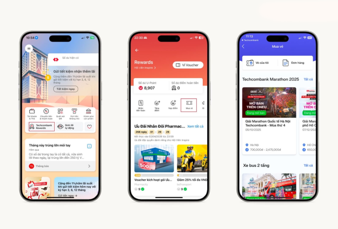 Giao diện ứng dụng Techcombank Mobile, U-Points và ví OneU. Ảnh: Techcombank