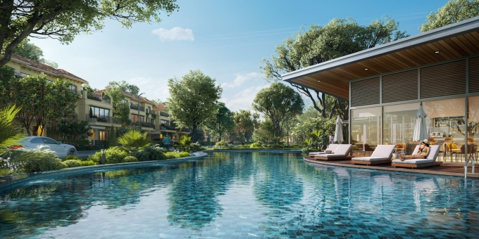 Phối cảnh bể bơi nằm dưới những tán cây tại dự án. Ảnh: Nam Long