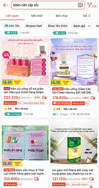 Thực phẩm giảm cân bán tràn lan. Ảnh: Ảnh chụp màn hình