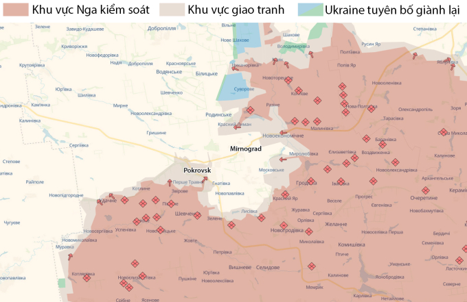 Cục diện chiến sự tại mặt trận Pokrovsk, tỉnh Donetsk ngày 29/10. Đồ họa: DeepState