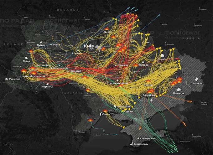 Đường bay của tên lửa và UAV Nga trong trận tập kích đêm 29, rạng sáng 30/10. Đồ họa: X/Monitoring War