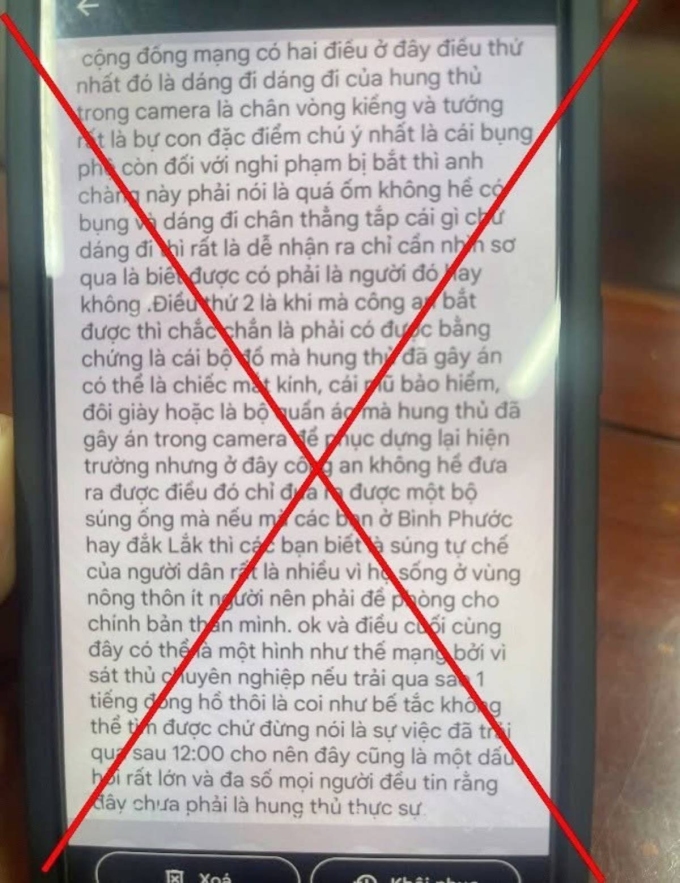 Nội dung xuyên tạc về việc bắt giữ nghi phạm gây án. Ảnh: Công an Đồng Nai