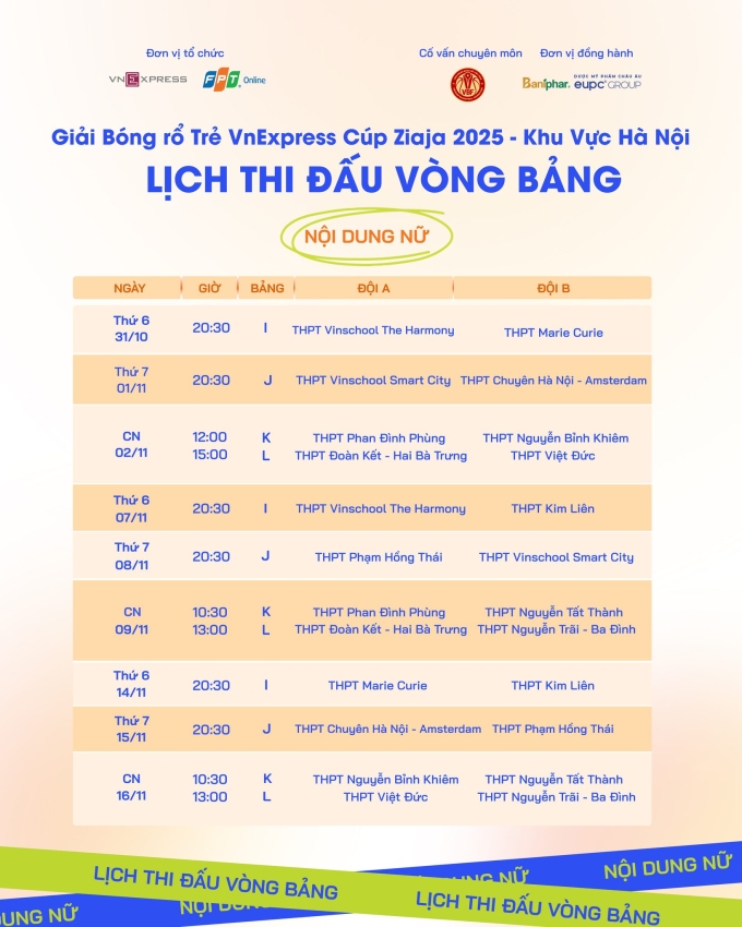 Lịch thi đấu nội dung nữ.