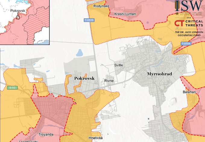 Cục diện chiến sự quanh Pokrovsk và Mirnograd (Myrnohrad) tính đến ngày 30/10. Đồ họa: ISW