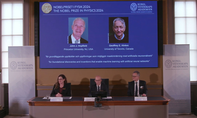 Giải Nobel Vật lý 2024 được trao cho hai nhà khoa học John J. Hopfield và Geoffrey E. Hinton. Ảnh: Nobel Prize