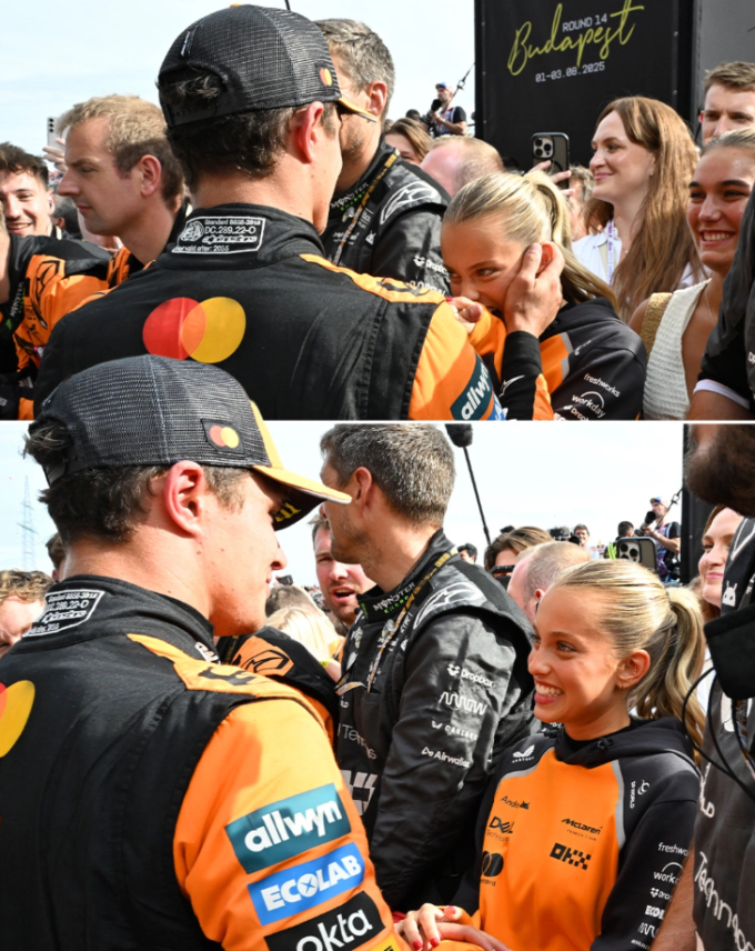 Lando Norris chia vui cùng Magui Corceiro sau chiến thắng tại Budapest tháng 8.