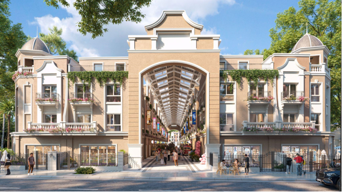 Phối cảnh shophouse hai mặt tiền kết hợp phố đi bộ có mái che tại dự án. Ảnh: