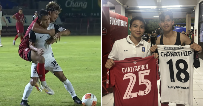 Chanathip Songkrasin (áo trắng) va chạm với Chaiyaphon Otton, rồi đổi áo sau trận BG Pathum United thua Sukhothai 1-3, ở vòng 9 Thai League 1 2025-2026 tên sân Thalay Luang, Thái Lan ngày 26/10/2025. Ảnh: Instagram/jaychanathip