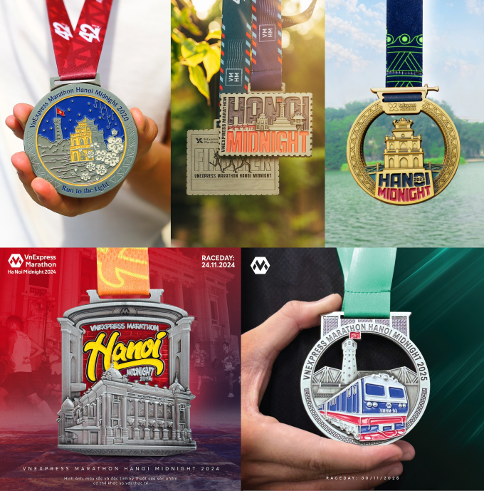 Huy chương VnExpress Marathon Hanoi Midnight gắn với nhiều biểu tượng Thủ đô qua 5 mùa giải. Ảnh: VnExpress Marathon