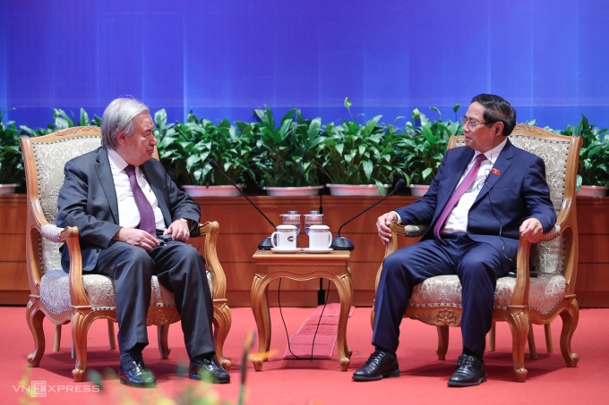 Thủ tướng Phạm Minh Chính hội kiến Tổng thư ký Liên Hợp Quốc Antonio Guterres. Ảnh: Giang Huy