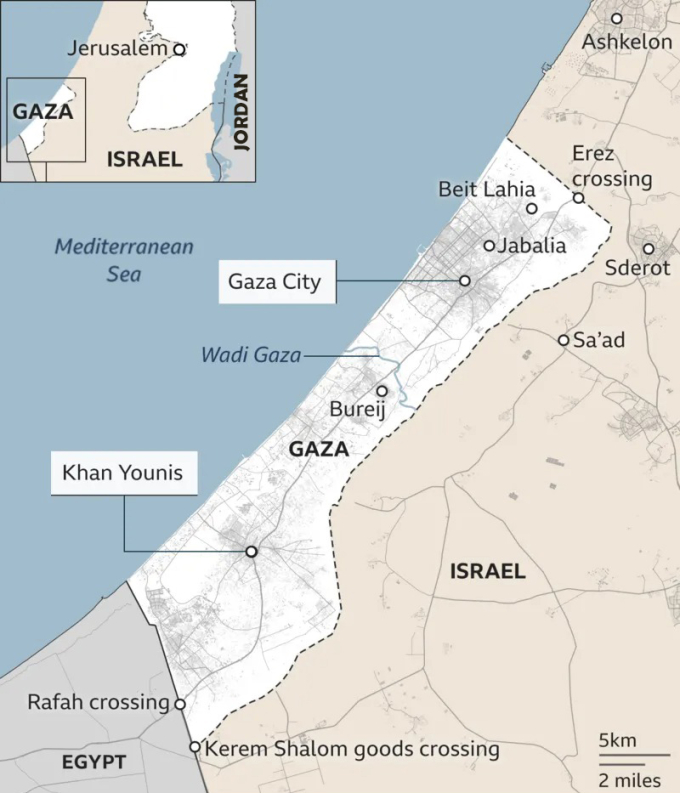 Vị trí cửa khẩu Kerem Shalom, Gaza. Đồ họa: BBC