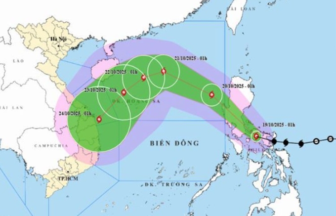 Dự báo đường đi của bão Fengshen sáng 19/10. Ảnh: NCHMF