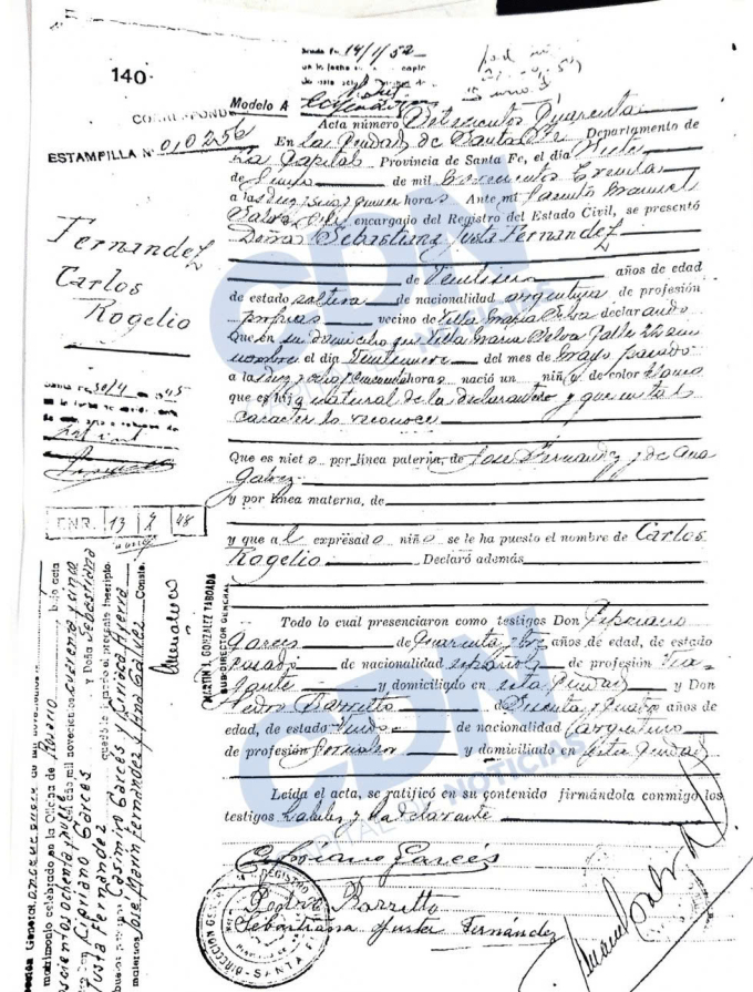 Giấy khai sinh của ông Carlos Rogelio Fernandez. Ảnh: CDN