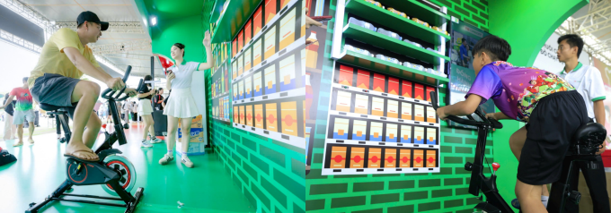 Runner trải nghiệm game tương tác Đạp xe thắp sáng thương hiệu và các chân chạy nhí (phải) hào hứng tham gia thử thách. Ảnh: FE Credit