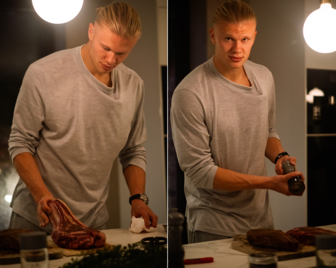 Erling Haaland nấu tomahawk steak cho bữa tối. Ảnh: Guardian