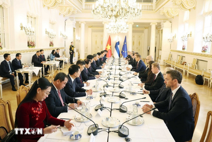 Tổng Bí thư Tô Lâm và Tổng thống Phần Lan Alexander Stubb hội đàm. Ảnh: TTXVN