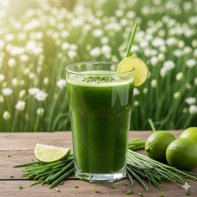 Nước ép hẹ không chỉ giúp làm dịu cơn ho mà còn có tác dụng giải độc, tiêu đờm, giúp đường hô hấp thông thoáng. Ảnh tạo bởi AI