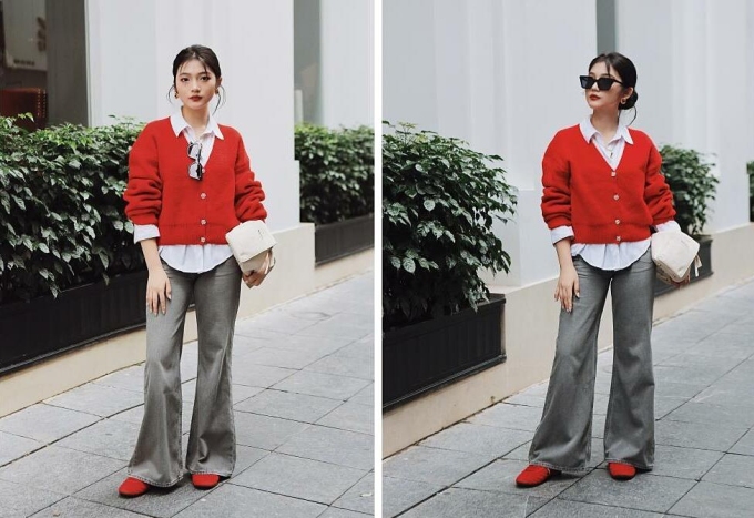 Quần jeans ống loe dáng rũ ăn ý khi phối cardigan, sơ mi và sneakers. Ảnh: Uniqlo