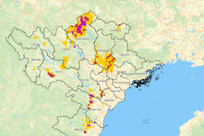 Cục Khí tượng Thủy văn cảnh báo các khu vực có nguy cơ sạt lở (màu tím mức rất cao, màu đỏ mức cao và màu vàng là trung bình). Nguồn: Cục Khí tượng Thủy văn