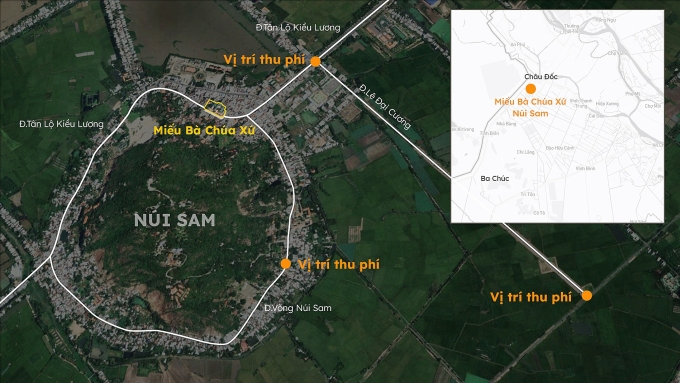 Ba trạm thu phí cũ bủa vây miếu Bà Chúa Xứ khiến nhiều người không đi viếng chùa cũng mất phí. Đồ họa: Khánh Hoàng