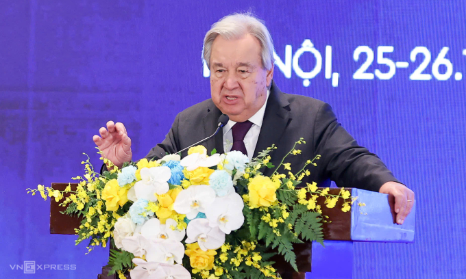 Tổng thư ký Liên Hợp Quốc (LHQ) Antonio Guterres phát biểu tại cuộc họp báo ngày 25/10. Ảnh: Giang Huy
