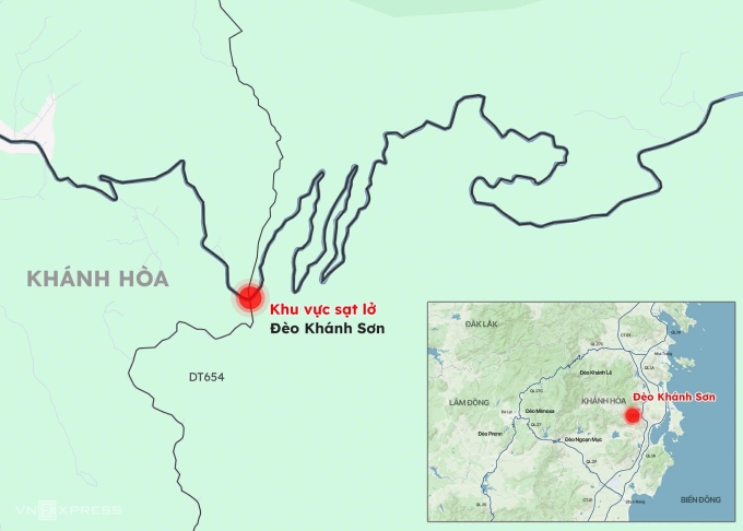 Vị trí sạt lở trên đèo Khánh Sơn. Đồ họa: Hoàng Thanh